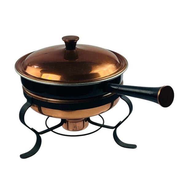 Vintage Round Copper Chaffing Dish with Warmer Wrought Iron Stand Enamel Pot - Picture 1 of 16